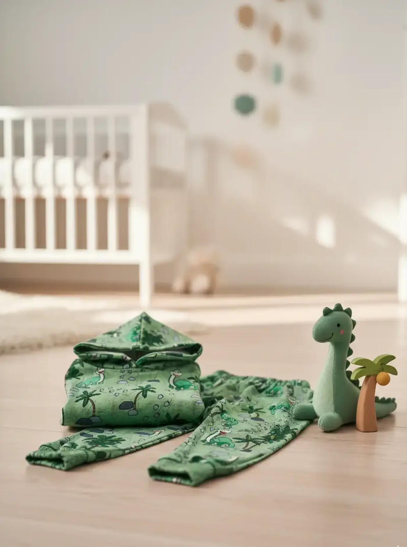 Ein genähtes Designbeispiel aus unserem hellgrünen Dinosaurier-Baumwolljersey: Ein zweiteiliges Kinder-Set aus Kapuzenpullover und Hose liegt auf hellem Boden im Babyzimmer, dekoriert mit einem passenden Plüsch-Dinosaurier und einer kleinen Holzpalme.