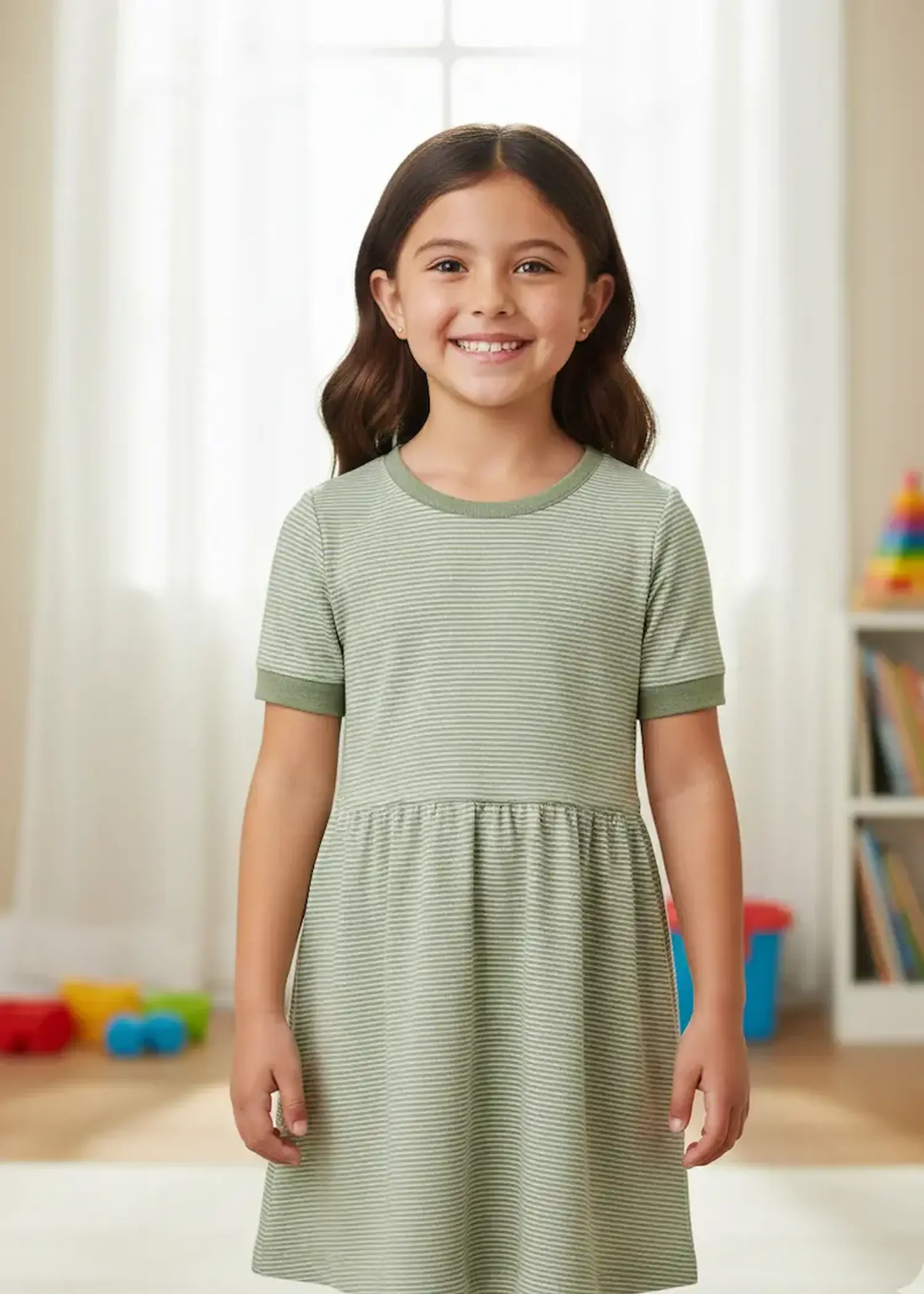 Ein lächelndes Mädchen trägt ein kurzärmeliges Jerseykleid aus salbeigrün-weiß gestreifter Baumwoll-Meterware in einem hellen Kinderzimmer.