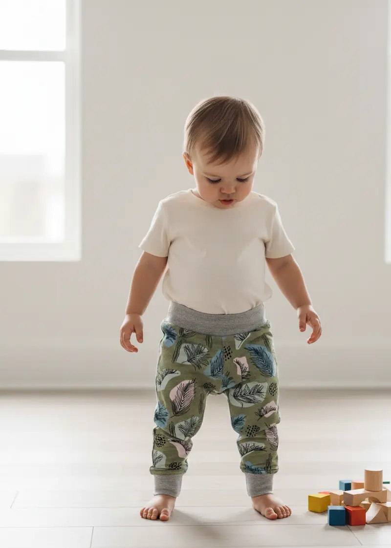 Kleinkind trägt eine selbstgenähte Pumphose aus French Terry mit botanischem Blättermuster in Khaki und Blau.