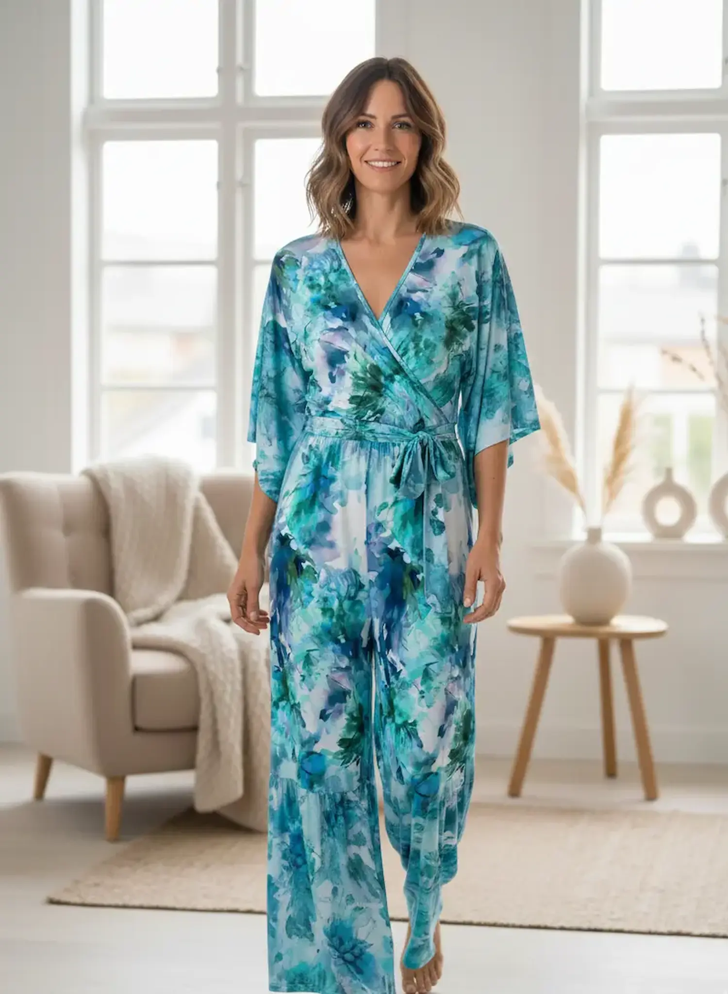 Eine lächelnde Frau zeigt einen modischen Jumpsuit aus weich fallendem Viskosejersey. Der Stoff ist mit einem abstrakten Blumenmuster in Türkis-, Blau- und Grüntönen bedruckt.