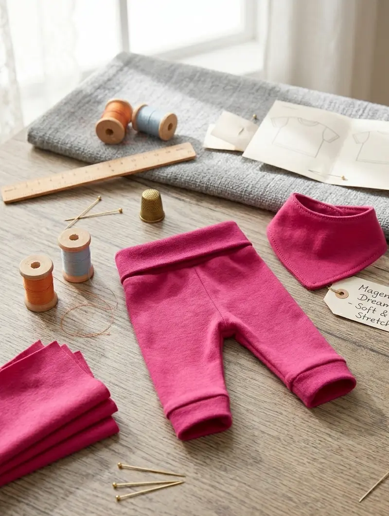 Ein Set aus Babyhose und Halstuch aus magentafarbenem Baumwolljersey Uni auf einem Holztisch mit Garnrollen, Fingerhut und Lineal.