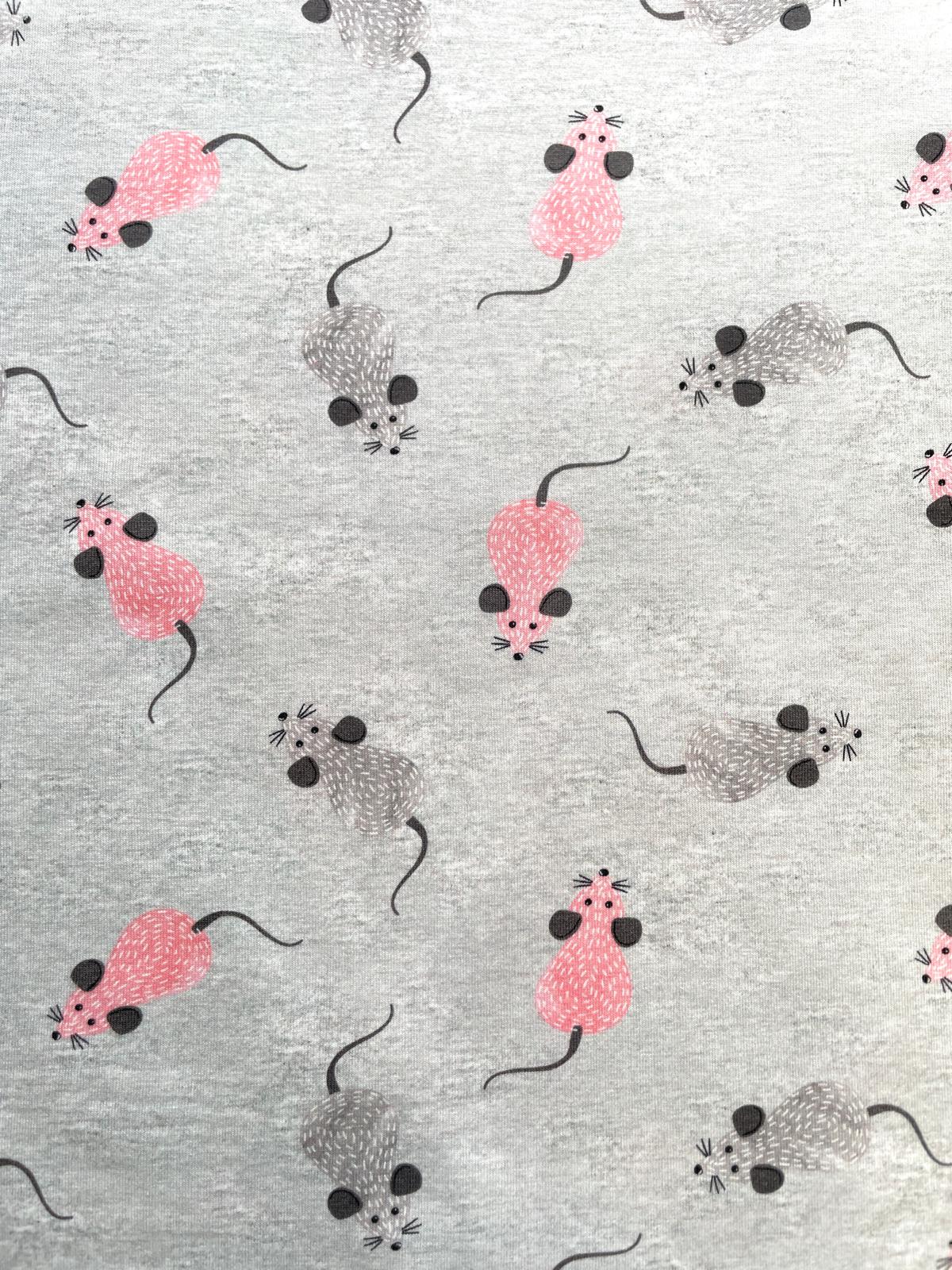 Baumwolljersey „Kleine Mäuse“ – Grau Melange mit Rosa & Anthrazit