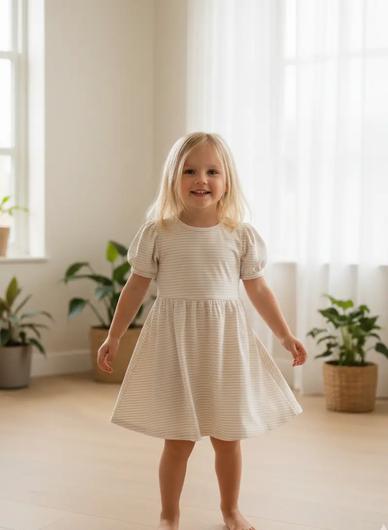 Kleines Mädchen in einem hellbeige-weiß gestreiften Kleid aus hochwertiger Baumwolljersey Meterware; ideal für weiche Kinderbekleidung.