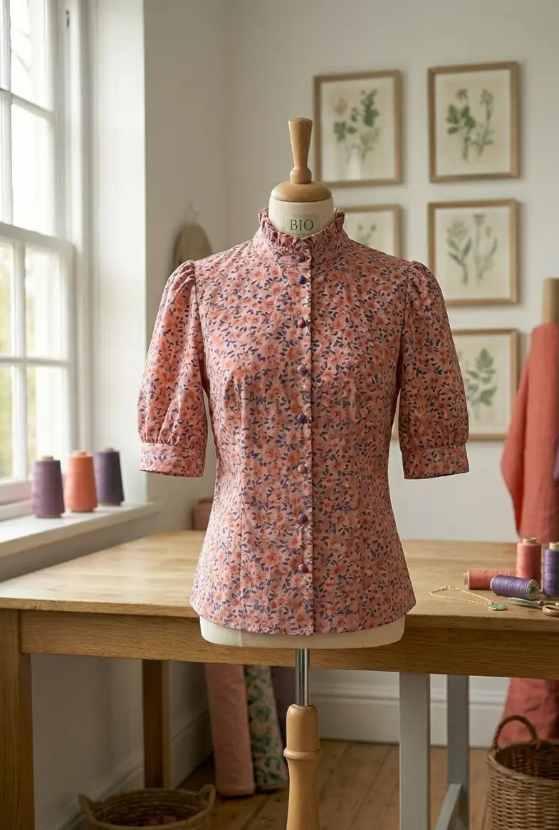 Hochwertige Bio-Baumwolle Popeline mit feinem Blumenmuster in Apricot und Lila-Tönen, verarbeitet als elegante Bluse auf einer Schneiderpuppe.