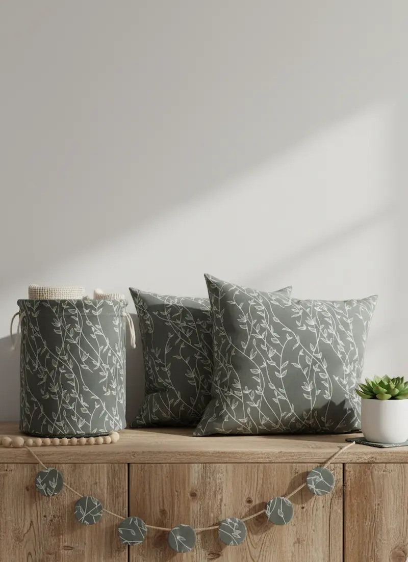 Dekorative Wohnaccessoires aus bedruckter Baumwolle-Webware auf einer Holzkommode. Zu sehen sind zwei Kissen und ein passender Stoffkorb in Salbeigrün/Grau mit einem weißen, filigranen Ranken- und Blättermuster, ergänzt durch eine passende Girlande und ei