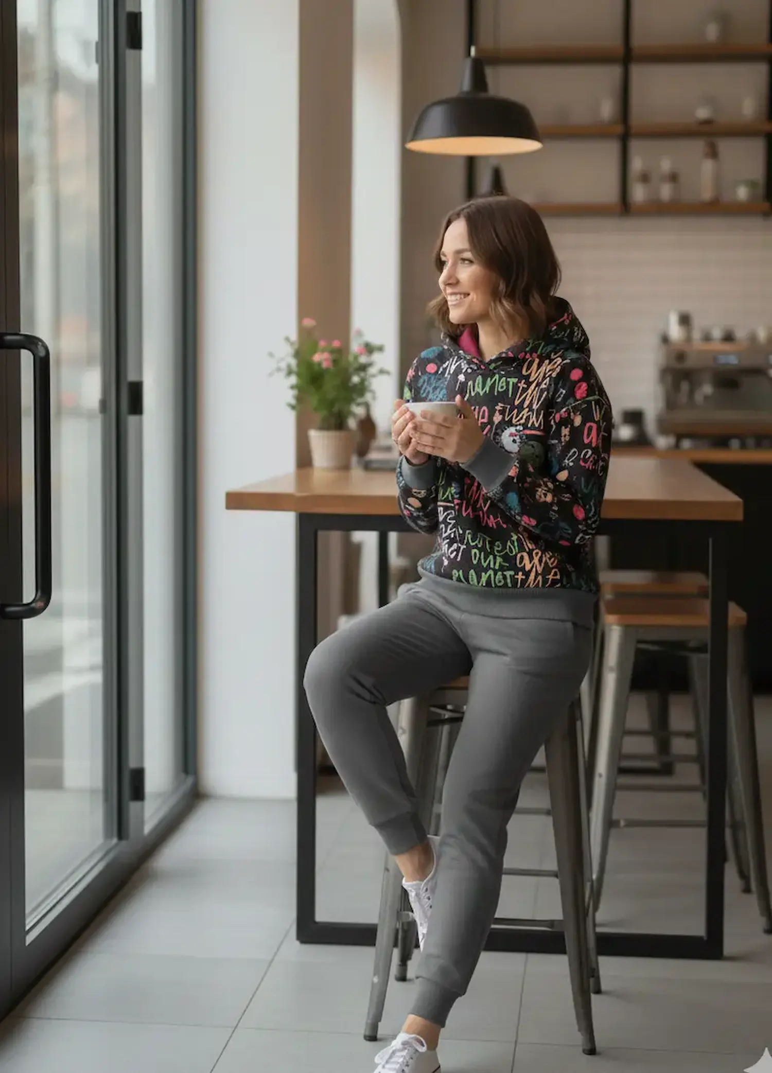 Lächelnde Frau im Café mit einem Kapuzenpullover aus schwarzem Graffiti-French-Terry, kombiniert mit einer grauen Sweatpants und grauen Bündchenabschlüssen