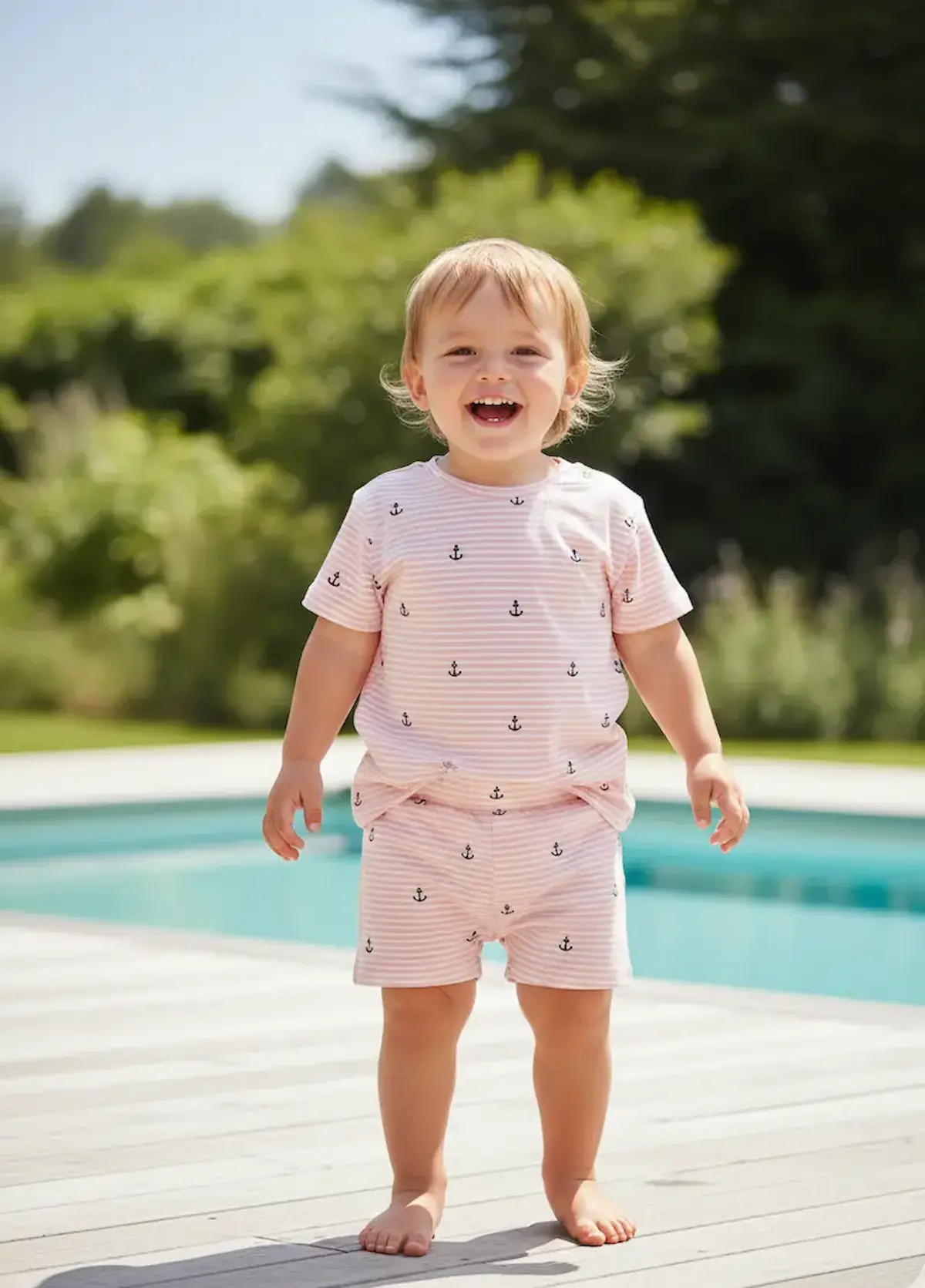 Ein lachendes Kleinkind trägt ein Set aus T-Shirt und Shorts, genäht aus rosa-weiß gestreiftem Baumwolljersey mit kleinen Ankern; barfuß am Poolrand stehend als Inspiration für sommerliche, maritime Kinderbekleidung aus elastischer Meterware.