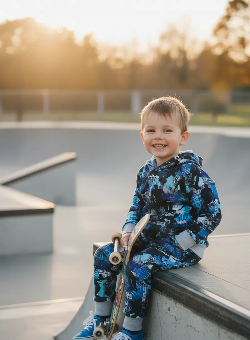 Ein kleiner Junge sitzt lächelnd mit einem Skateboard in einem Skatepark und trägt einen Hoodie sowie eine passende Jogginghose aus blau gemustertem French Terry mit Skater-Motiven.