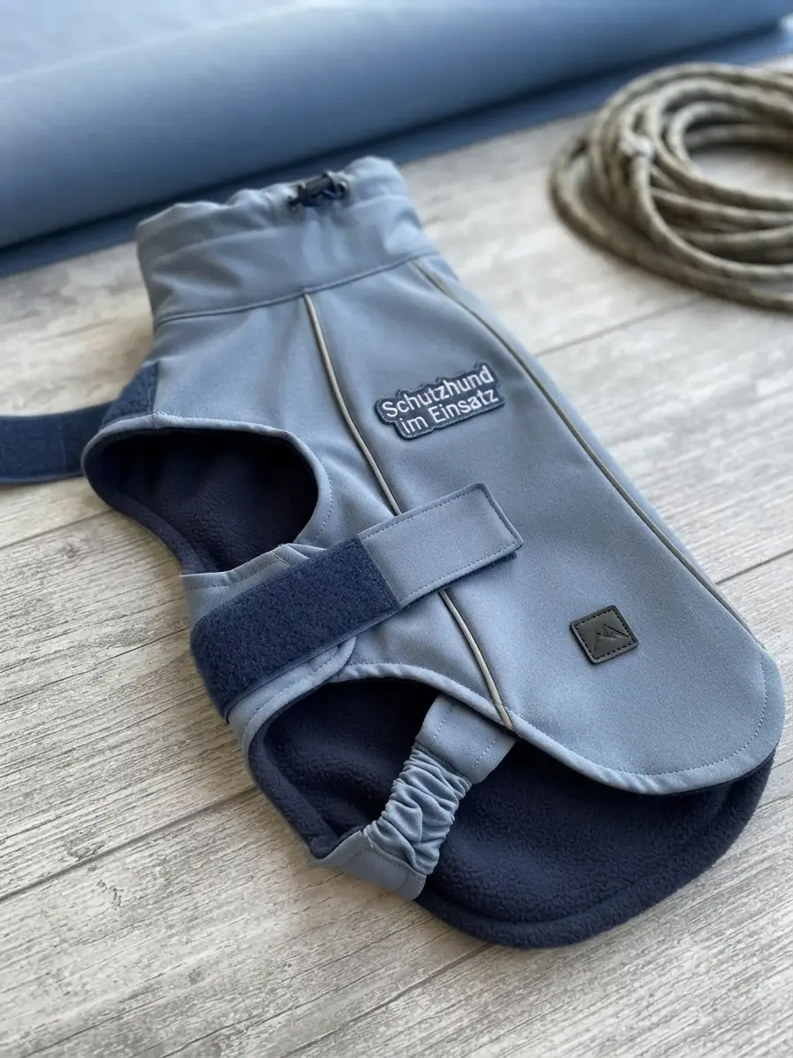 Nahaufnahme von hochwertigem, mittelblau-lila Softshell-Stoff als Meterware, ideal für Outdoor-Bekleidung.