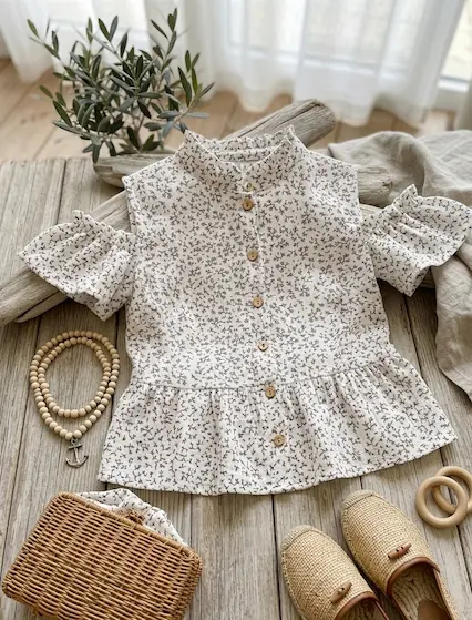 Kinderbluse aus grau-weißem Musselin mit schwarzem Zweige-Print und Holzknöpfen, flach liegend auf hellem Holz als Beispiel für Musselin-Meterware im Natur-Look.