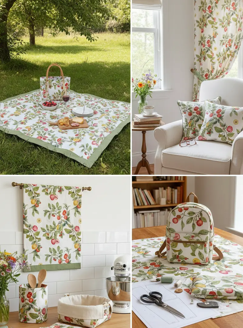 Vierteilige Collage zeigt einen hellen Dekostoff mit rotem Apfelmuster als Picknickdecke, Vorhang, Kissen, Küchentuch und Rucksack im gemütlichen Landhausstil.