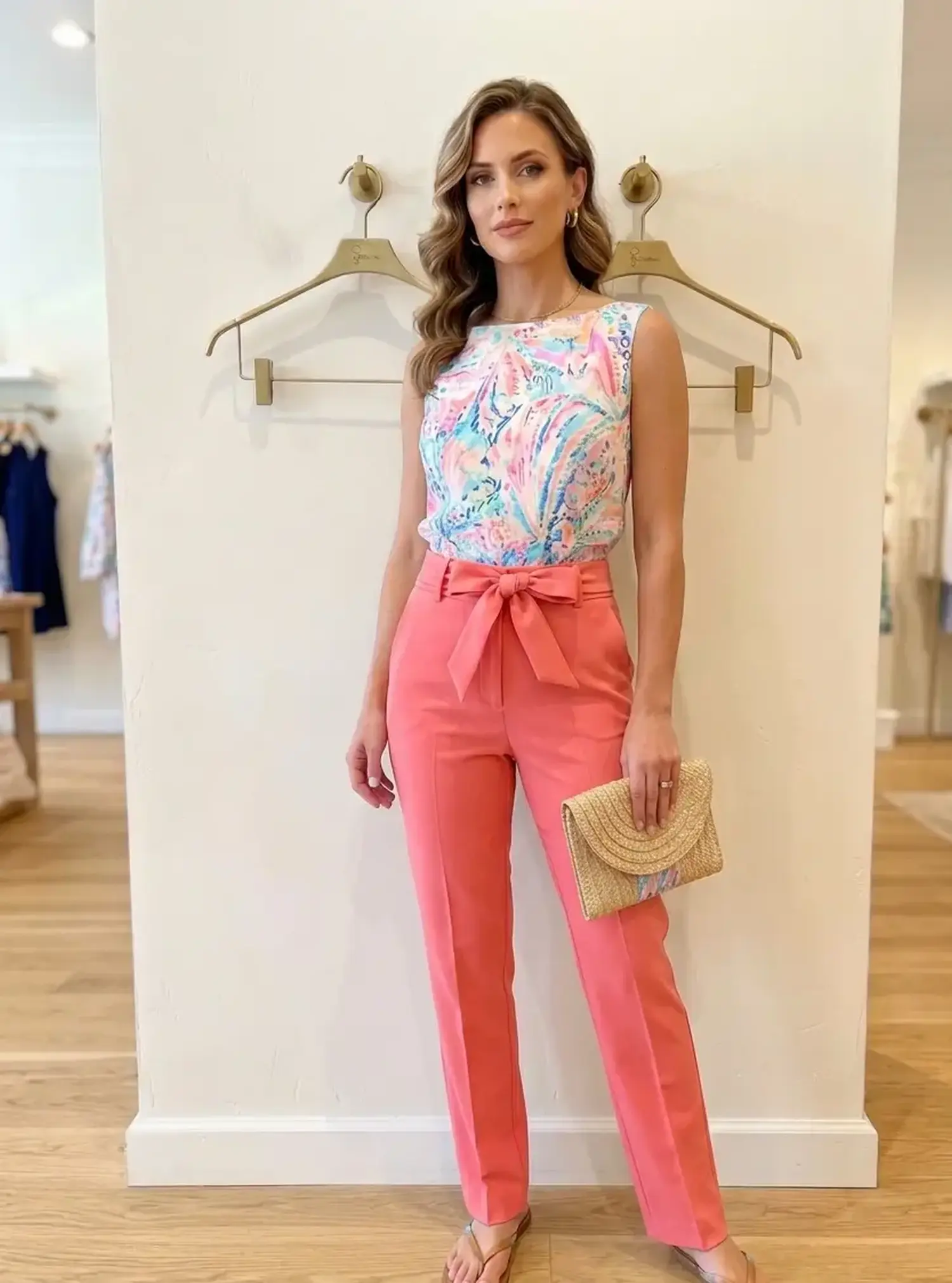 Nahaufnahme eines bunten Viskose-Stretch-Stoffs mit abstraktem Pastellmuster in Blau und Rosa, verarbeitet als elegantes Sommertop