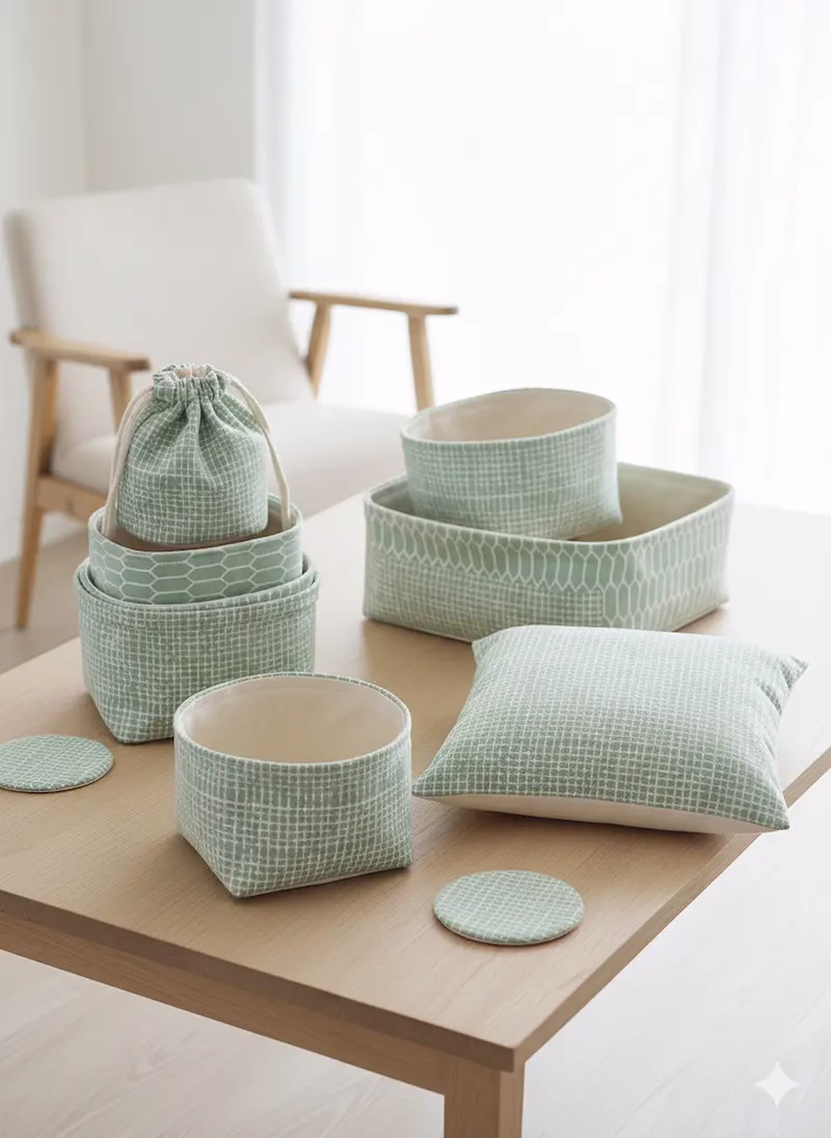 Verschiedene Wohnaccessoires aus hellgrüner Baumwoll-Webware mit weißem Gittermuster auf einem Holztisch: Mehrere Utensilo-Körbchen, ein Kordelzugbeutel, ein quadratisches Dekokissen und runde Untersetzer.