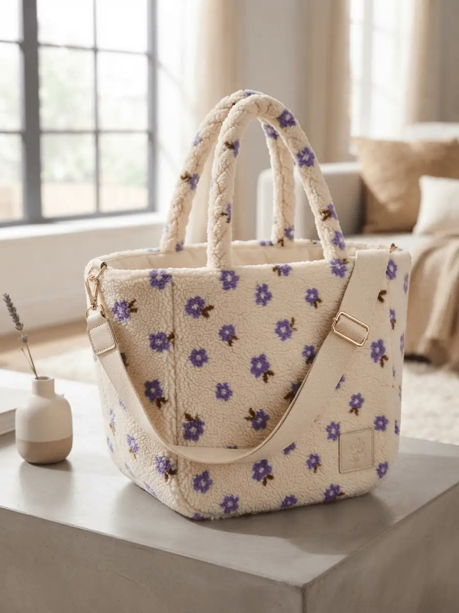 Moderne Shopper-Tasche aus flauschigem Teddy-Plüsch-Stoff als Meterware in Cremeweiß mit violettem Blumenmuster und verstellbarem Tragegurt.