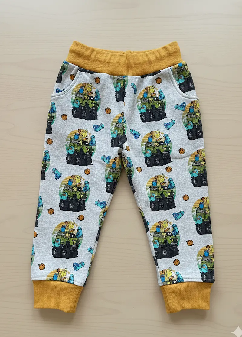 Kinderhose genäht aus grau meliertem French Terry Sommersweat mit Monster-Truck-Muster und senfgelben Bündchen.