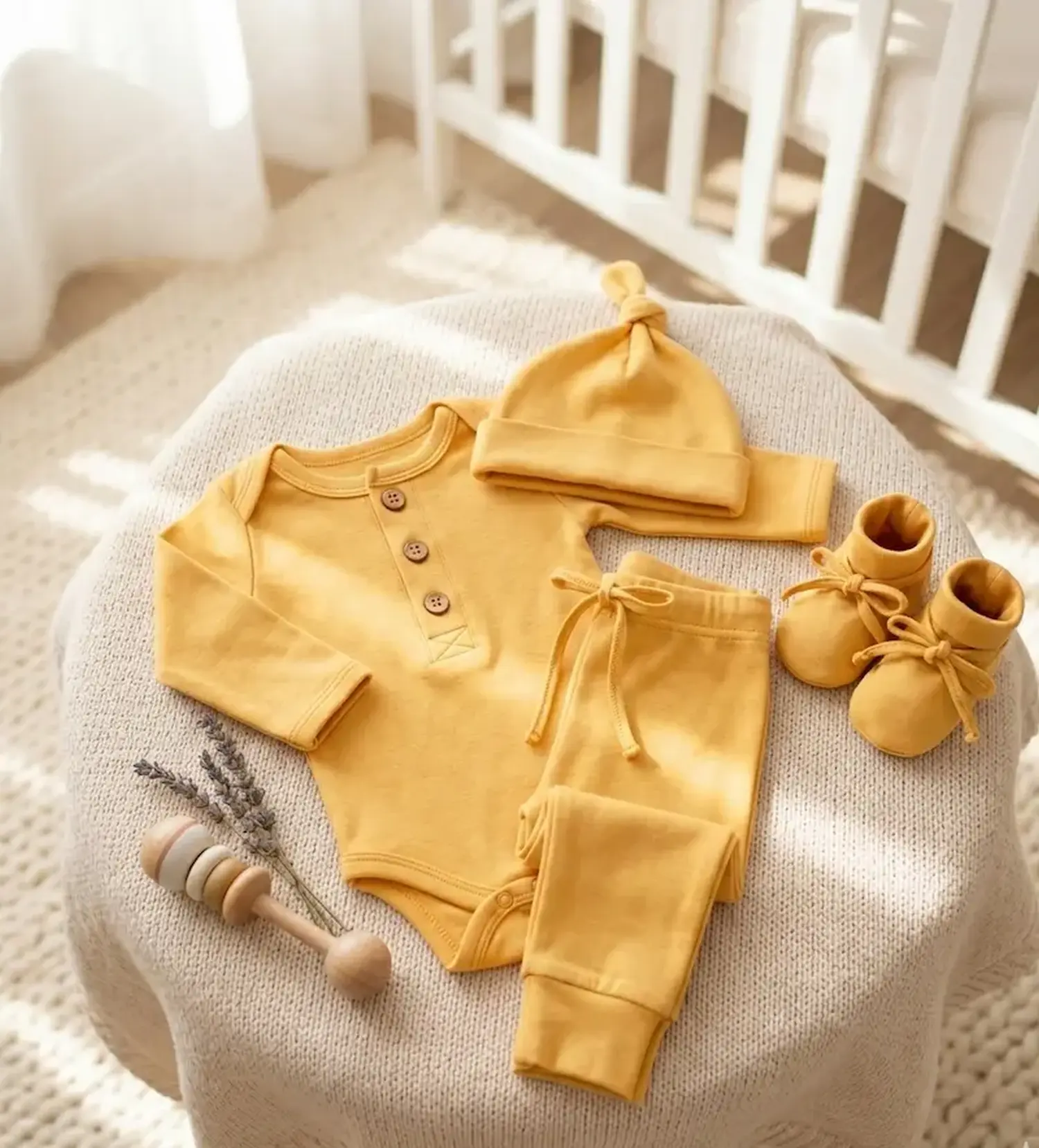 Genähtes Baby-Set aus sonnengelbem Baumwolljersey: Body, Hose und Mütze als Nähinspiration.