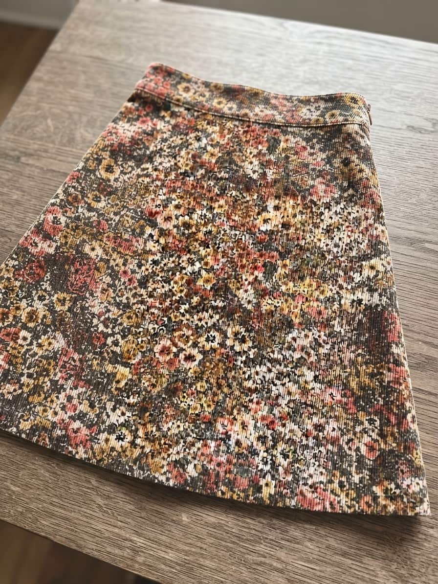 Aus Feincord-Jacquard Meterware genähter, kurzer Rock im Vintage-Blumenmuster auf einem Holztisch präsentiert.
