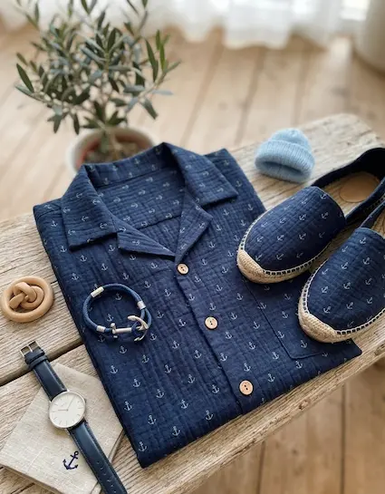 Gefaltetes Herrenhemd und passende Espadrilles aus dunkelblauem Anker-Musselin, dekoriert mit Anker-Armband und Uhr auf einer rustikalen Holzbank