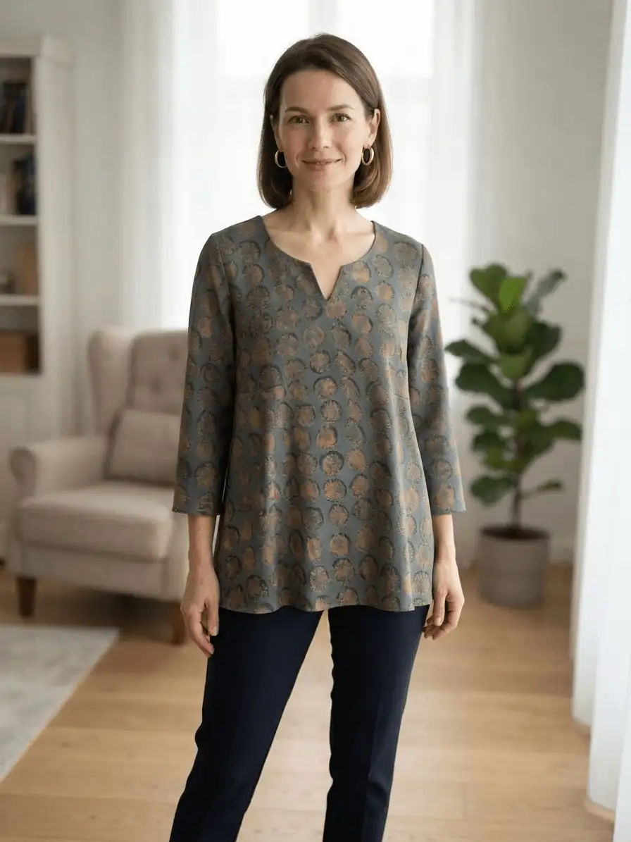 Eine elegante, selbstgenähte Damen-Tunika mit Dreiviertelärmeln aus leichtem Baumwoll-Krepp-Stoff mit blau-bronzefarbenem Kreis-Muster