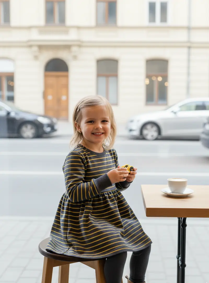 Ein lächelndes Kind in einem gestreiften Kleid aus French Terry (Sommersweat) in Dunkelgrau und Gelb, sitzend in einem Café.