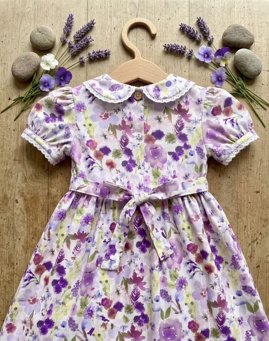 Festliches Kinderkleid aus Baumwoll-Satin Stoff mit floralem Muster in Lila und Flieder, flach liegend auf Holzgrund mit Lavendel-Deko.