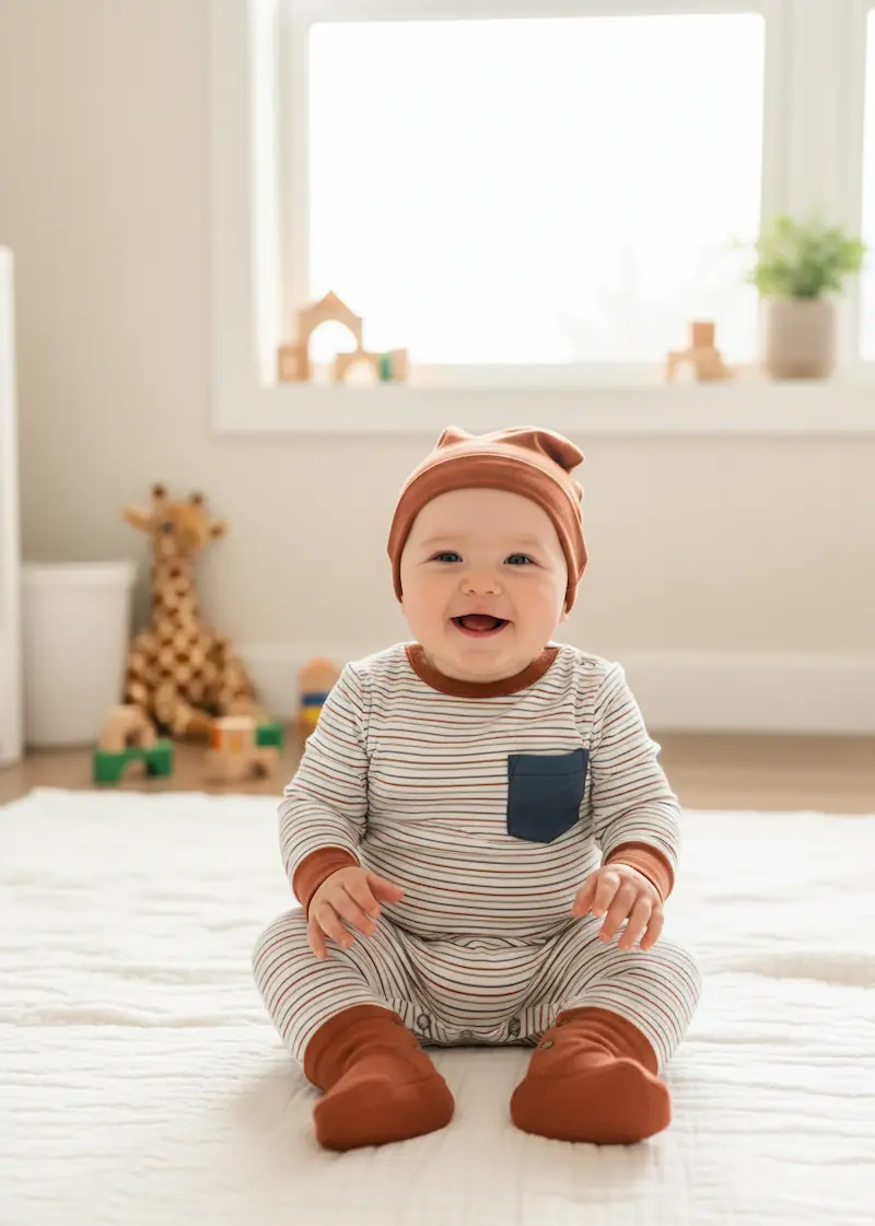 Ein lachendes Baby sitzt auf einer Decke und trägt einen Strampler aus hell gestreiftem Baumwolljersey mit rostbraunen Bündchen und einer passenden Mütze.