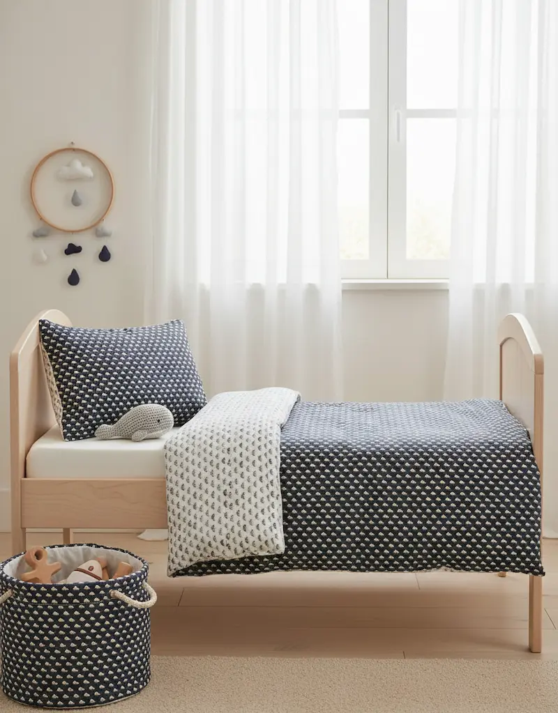 Ein helles Kinderzimmer mit einem Holzbett, bezogen mit selbstgenähter Bettwäsche aus dunkelblauer Baumwoll-Popeline mit kleinem Wal-Muster, einer passenden Spielzeugkiste aus Stoff und einem Stoff-Wal auf dem Kissen.