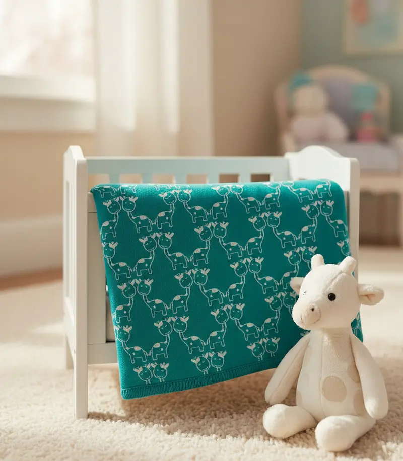 Eine petrolfarbene Babydecke aus hochwertigem Jacquard-Strick mit einem weißen Giraffen-Muster. Die Decke hängt über einem kleinen weißen Gitterbett in einem hellen Kinderzimmer. Im Vordergrund sitzt ein passendes Giraffen-Stofftier auf einem hellen Teppi