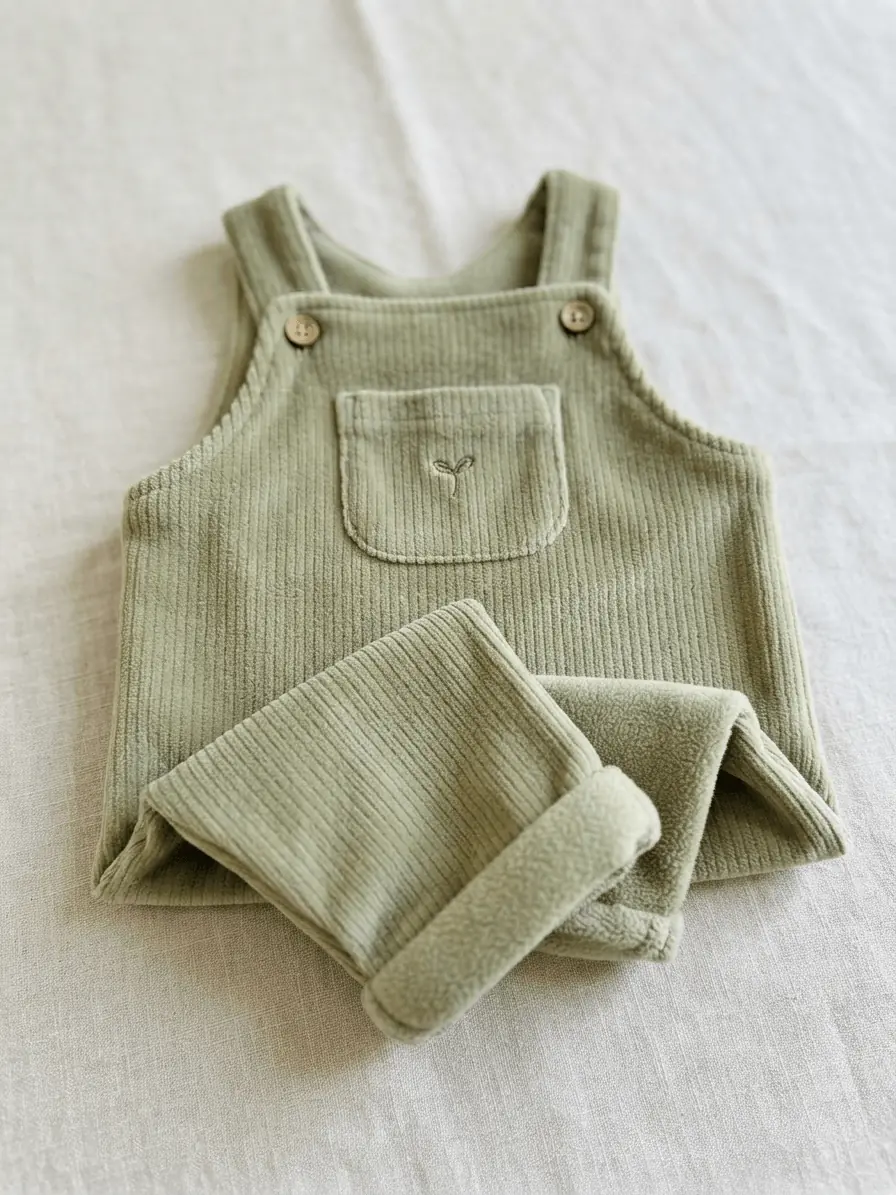 Zuckersüßer Kinder-Overall aus salbeigrüntem Supersoft Cord & Fleece Stoff mit Brusttasche und Knöpfen