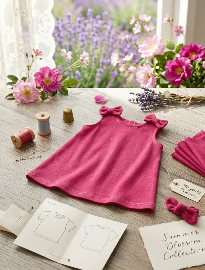 Ein magentafarbenes Baby-Oberteil mit Schleifen auf den Schultern aus Baumwolljersey, flach liegend auf einem Holztisch mit Nähutensilien und Blumen im Hintergrund.