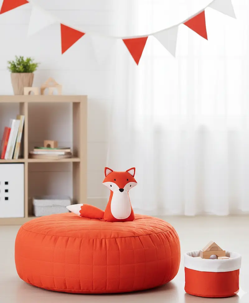 Orangefarbene Baumwoll-Popeline als Meterware, kreativ verarbeitet zu einem runden Sitzkissen, einem kleinen Utensilo-Korb und einem genähten Stoff-Fuchs. Ein helles Designbeispiel für selbstgemachte Deko und Spielzeug im Kinderzimmer.