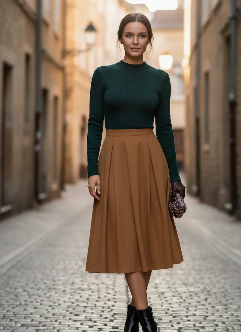Eine Frau auf einer gepflasterten Straße trägt einen selbstgenähten, eng anliegenden Pullover aus tannengrünem Jacquard-Strickstoff mit Zopfmuster zu einem camelfarbenen Faltenrock.