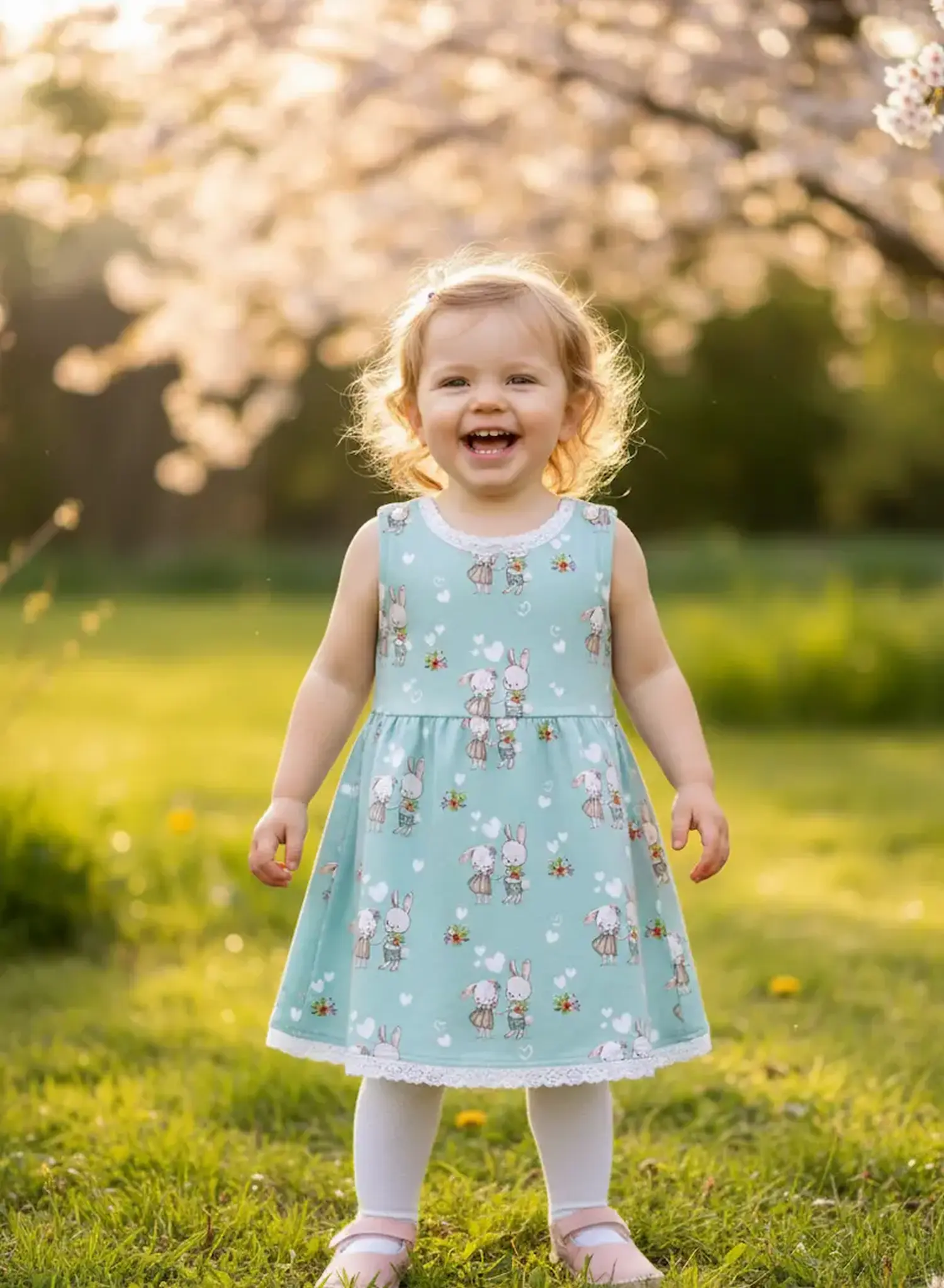 Ein lachendes kleines Mädchen steht auf einer grünen Wiese und trägt ein selbstgenähtes, mintgrünes Jerseykleid mit Mustern von Hasenpärchen, Herzen und Blumen. Das ärmellose Kleid hat feine Spitzenborten am Ausschnitt und Saum. Im Hintergrund blüht ein K