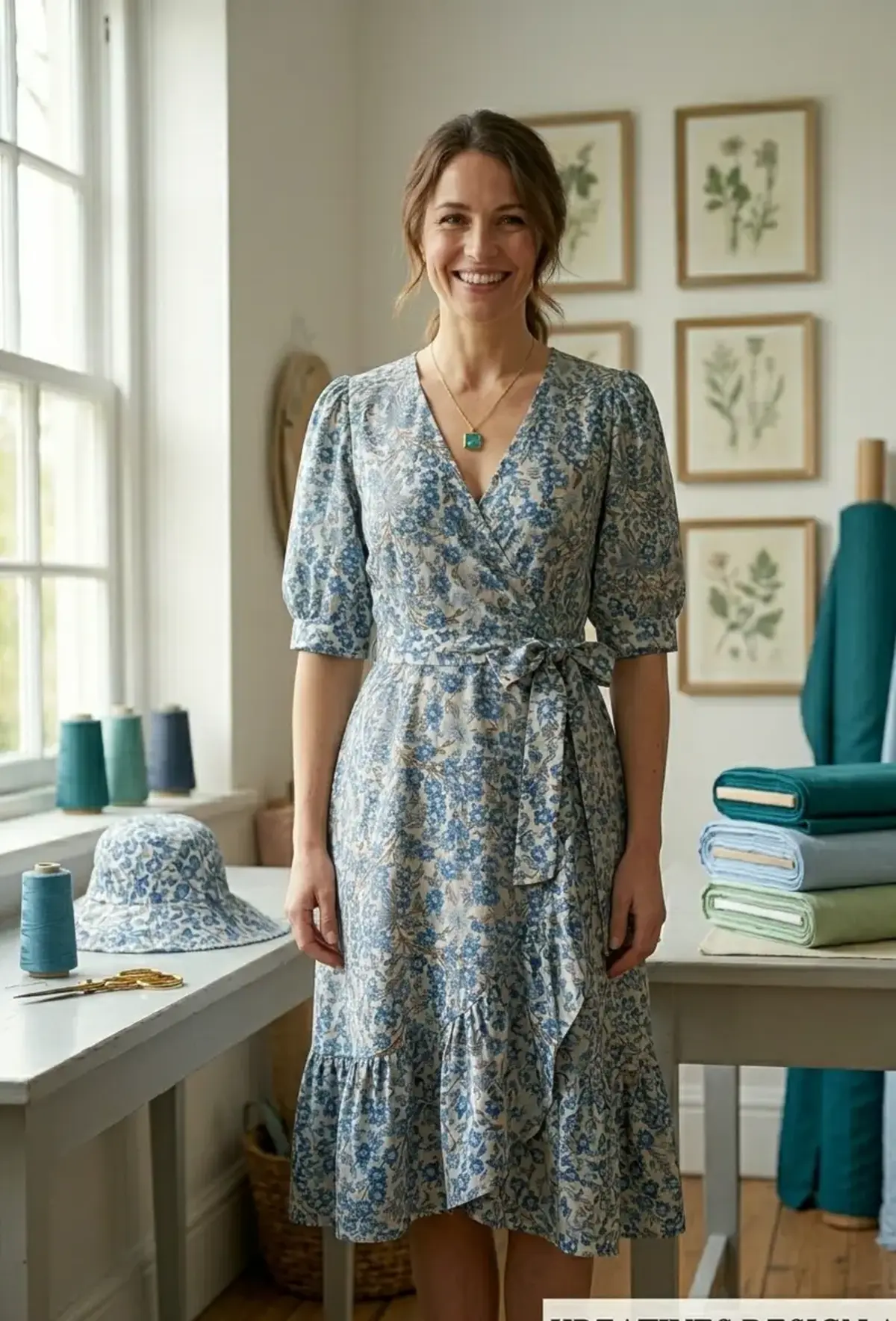 Frau trägt ein elegantes Wickelkleid mit Volant aus Baumwoll-Popeline in Creme und Blau mit floralem Muster, präsentiert in einem hellen Nähatelier.