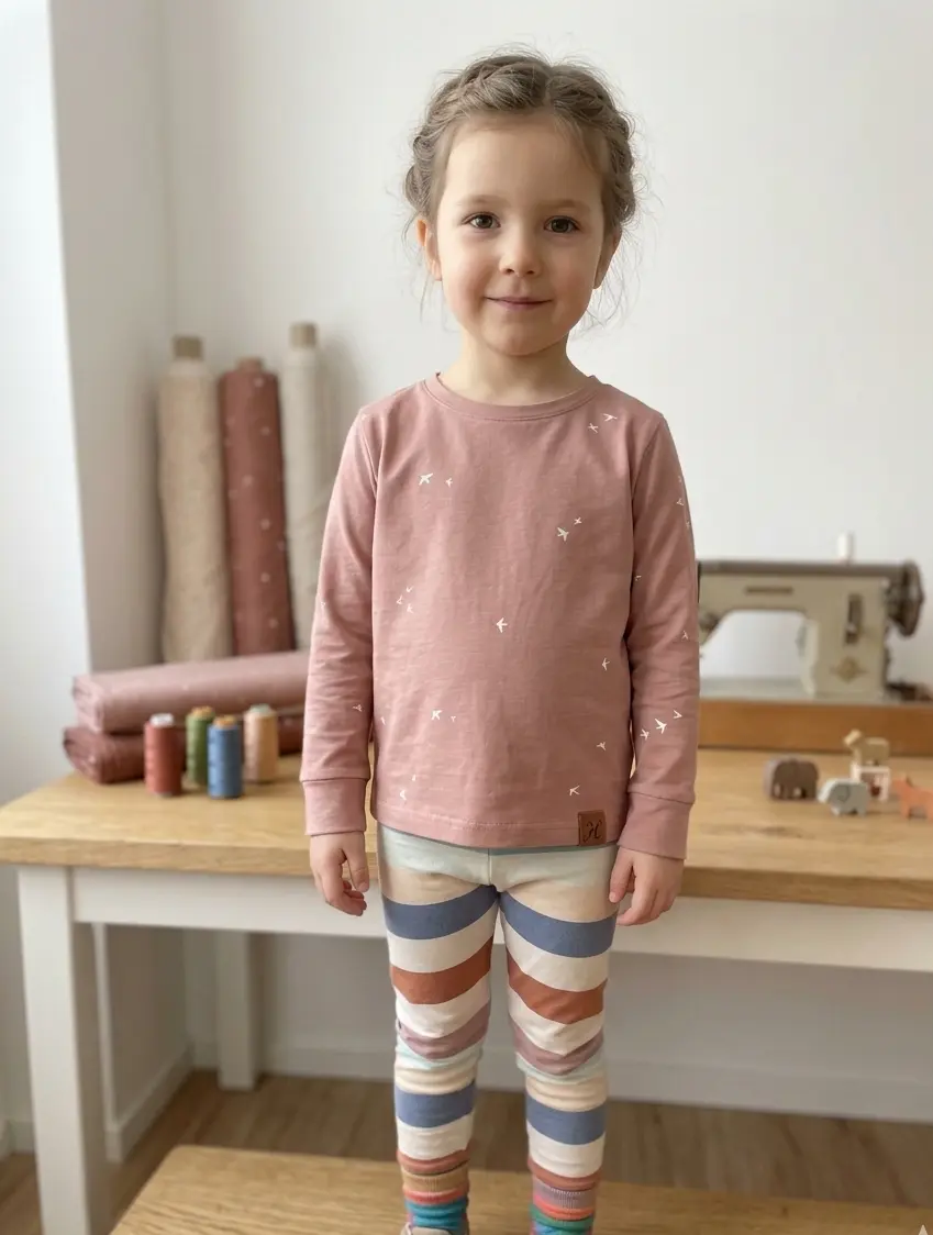 Stapel aus weichem Jersey-Stoff in warmem Terracotta und Creme, kombiniert mit passenden Nähgarnrollen auf einem Holztisch