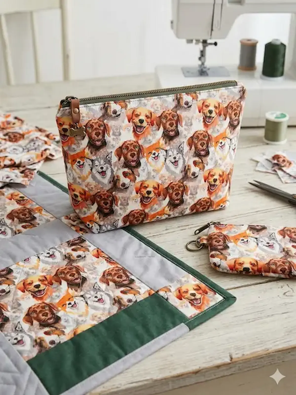 Genähte Accessoires wie Kosmetiktasche und Patchwork-Decke aus Baumwoll-Webware mit verschiedenen Hunderassen-Motiven