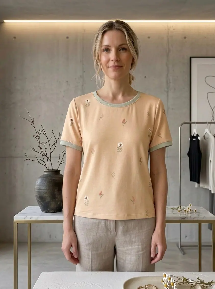Frau trägt ein T-Shirt aus beigem Jersey mit dezenten Wildblumen-Motiven, kombiniert mit salbeigrünen Bündchen vor einer modernen Betonwand