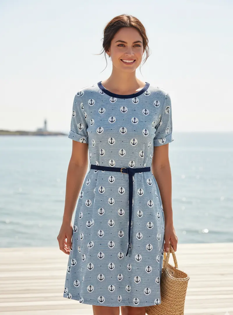 Eine lächelnde Frau am Meer trägt ein kurzes Sommerkleid aus hellblauem Baumwolljersey mit weißen Ankern und feinen Streifen.