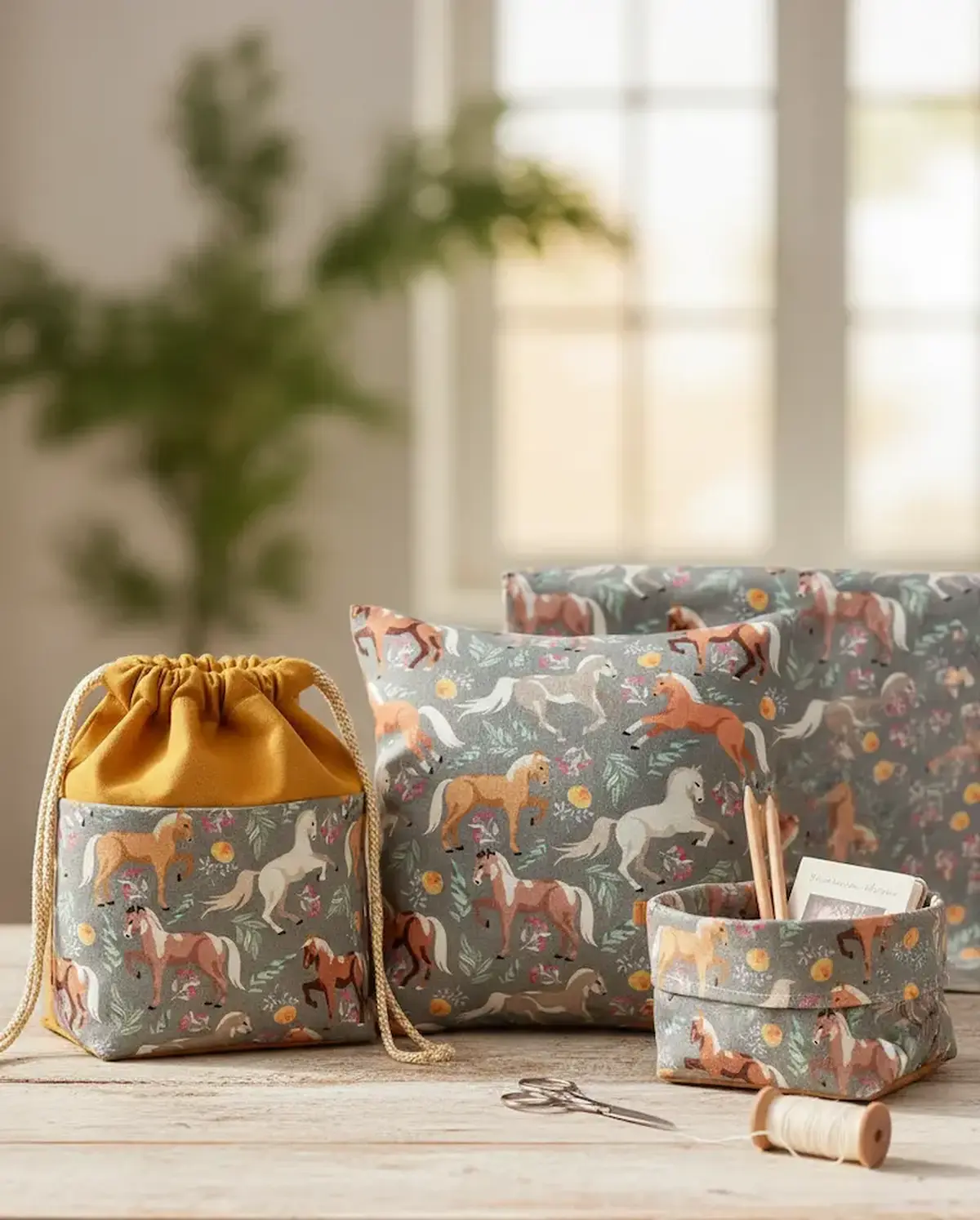 Verschiedene selbstgenähte Accessoires aus grauer Baumwoll-Webware mit einem bunten Pferdemotiv auf einem Holztisch: Ein großer Beutel mit senfgelbem oberen Abschluss und Kordelzug, ein quadratisches Dekokissen und ein kleines Utensilo mit Stiften.