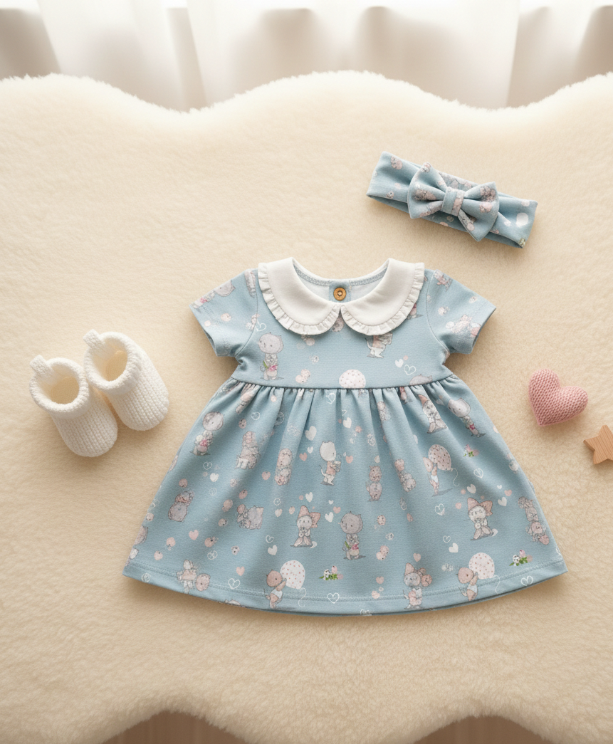 Genähtes Babykleidchen aus Katzen-Jersey mit weißen Bündchen und Peter-Pan-Kragen.