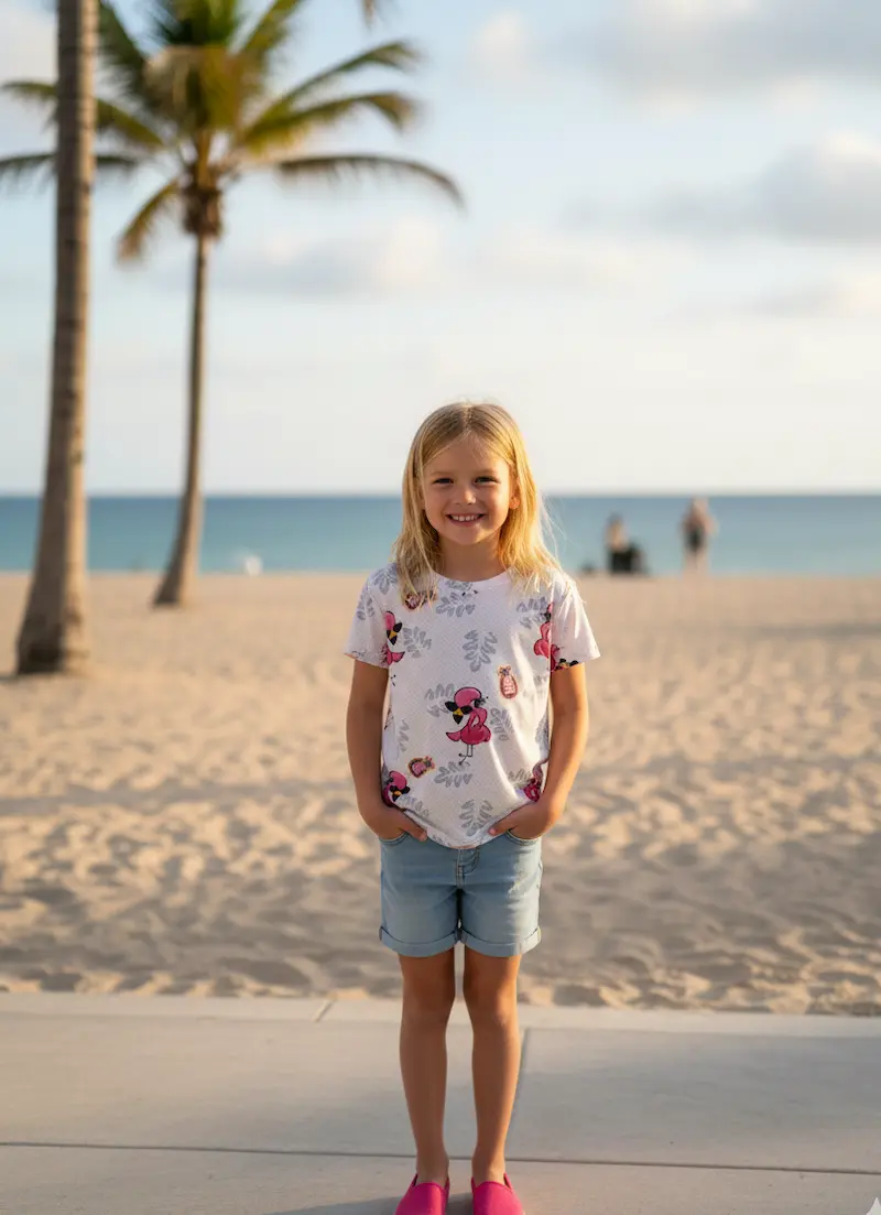 Ein lächelndes Kind am Strand trägt ein selbstgenähtes T-Shirt aus weißem Flamingo-Jerseystoff und blaue Denim-Shorts.