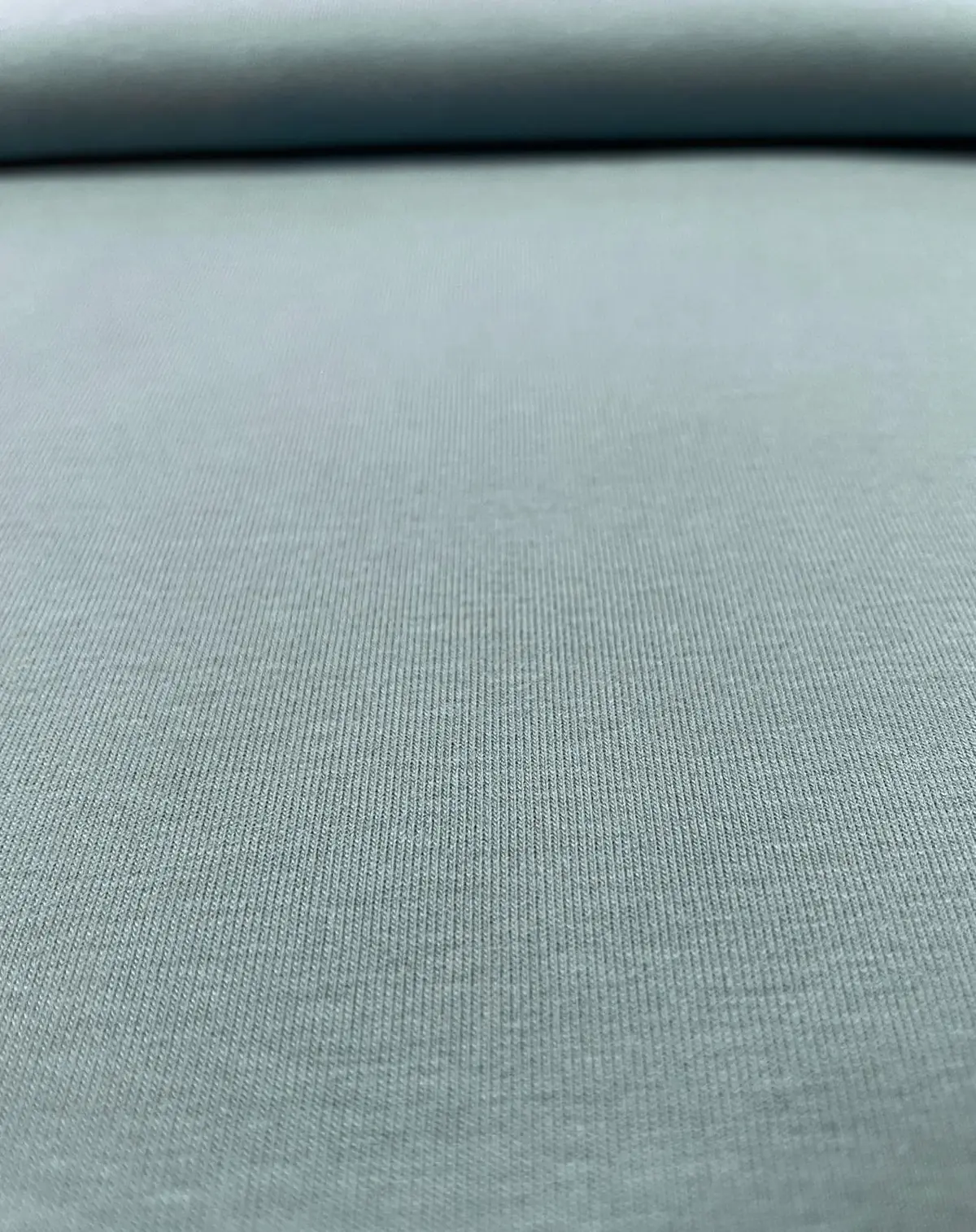 Nahaufnahme eines altgrünen Jerseystoffs mit feiner Maschenstruktur, 95% Baumwolle und 5% Elasthan.