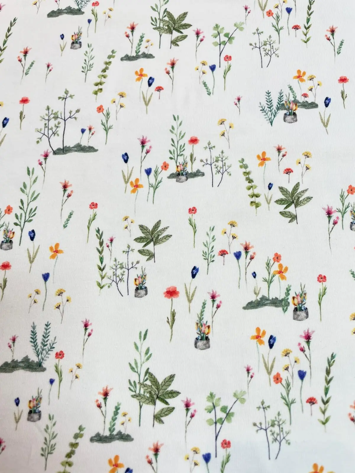 Weißer Jersey-Stoff mit feinen Aquarell-Illustrationen von Wildblumen, Kräutern und kleinen Blumenstöcken in Töpfen.