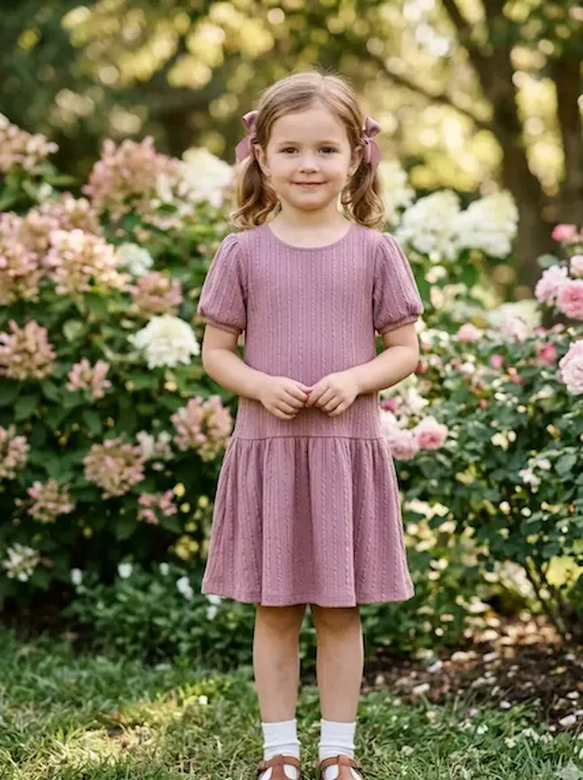 Kleines Mädchen in einem mauvefarbenen Kleid aus Jacquard-Jersey mit Zopfstrick-Optik, stehend in einem sommerlichen Garten mit Rosen.
