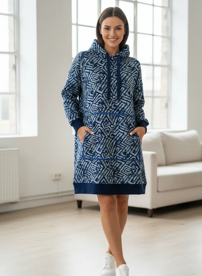 Frau trägt ein langes Hoodie-Kleid aus French Terry mit blauem geometrischem Muster, genäht aus weichem Sommersweat.