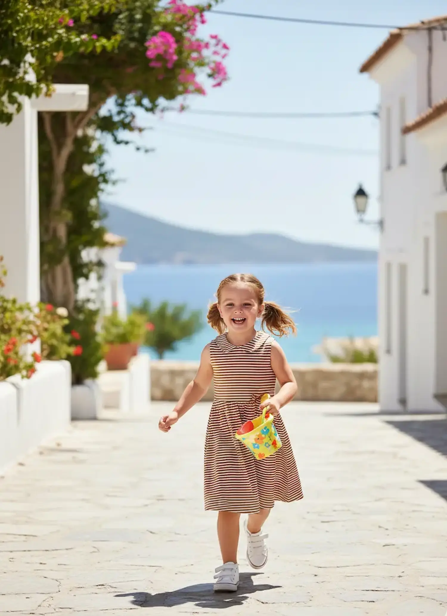 Kleines Mädchen in einem ärmellosen Sommerkleid aus rostbraun-weiß gestreifter Baumwolljersey Meterware läuft lachend durch eine sonnige Mittelmeergasse.