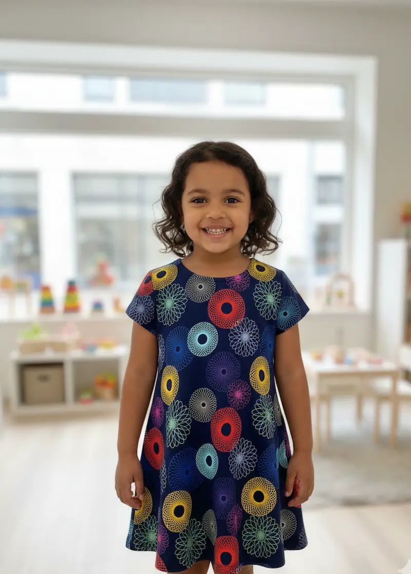 Ein lächelndes Mädchen steht in einem hellen Spielzimmer und trägt ein kurzärmeliges Kleid aus dunkelblauem Baumwolljersey. Der Stoff ist mit farbenfrohen, kreisförmigen Mandala- und Retro-Mustern bedruckt. Die elastische Meterware eignet sich hervorragen