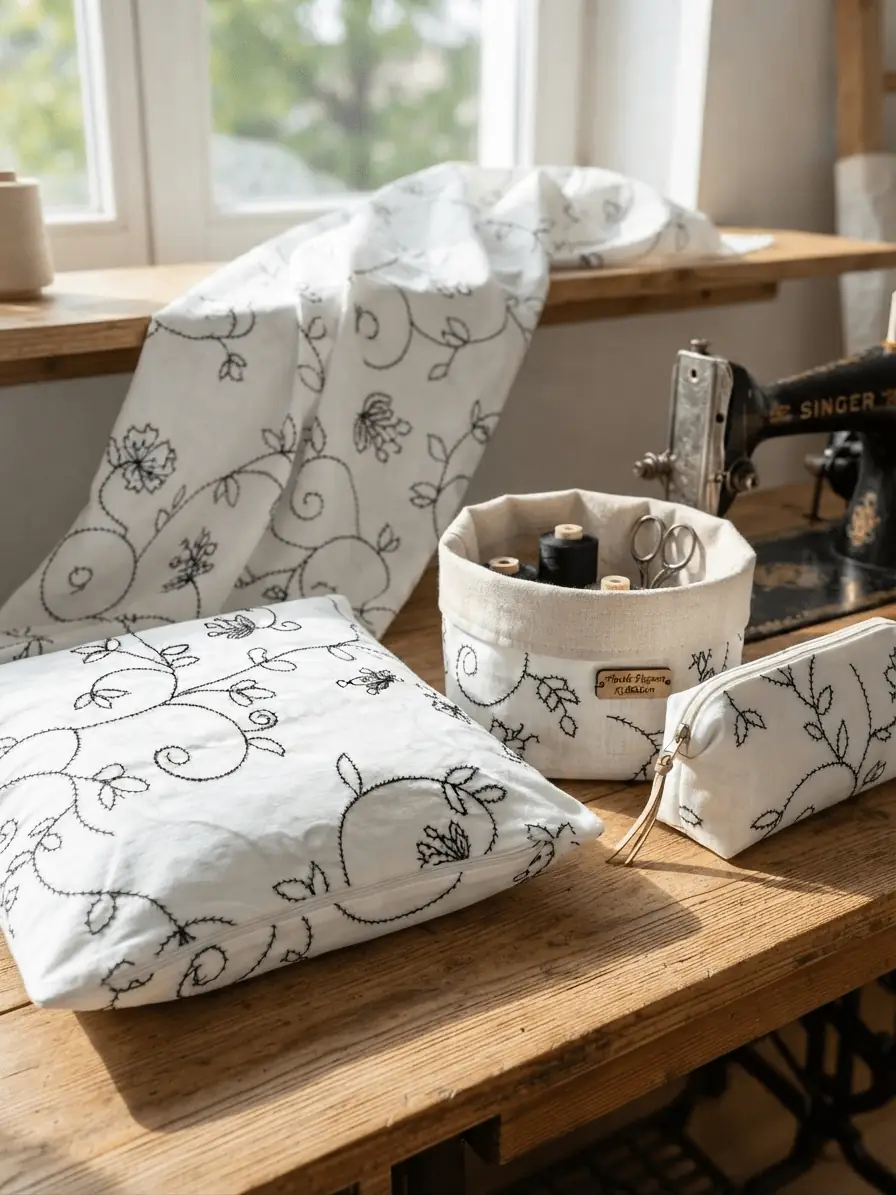 Genähte Heimtextilien und Accessoires wie Kissenbezug, Utensilo und Kosmetiktasche aus Baumwoll-Dekostoff mit floralem Ranken-Muster