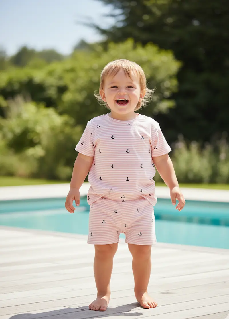 Ein lachendes Kleinkind trägt ein Set aus T-Shirt und Shorts, genäht aus rosa-weiß gestreiftem Baumwolljersey mit kleinen Ankern; barfuß am Poolrand stehend als Inspiration für sommerliche, maritime Kinderbekleidung aus elastischer Meterware.