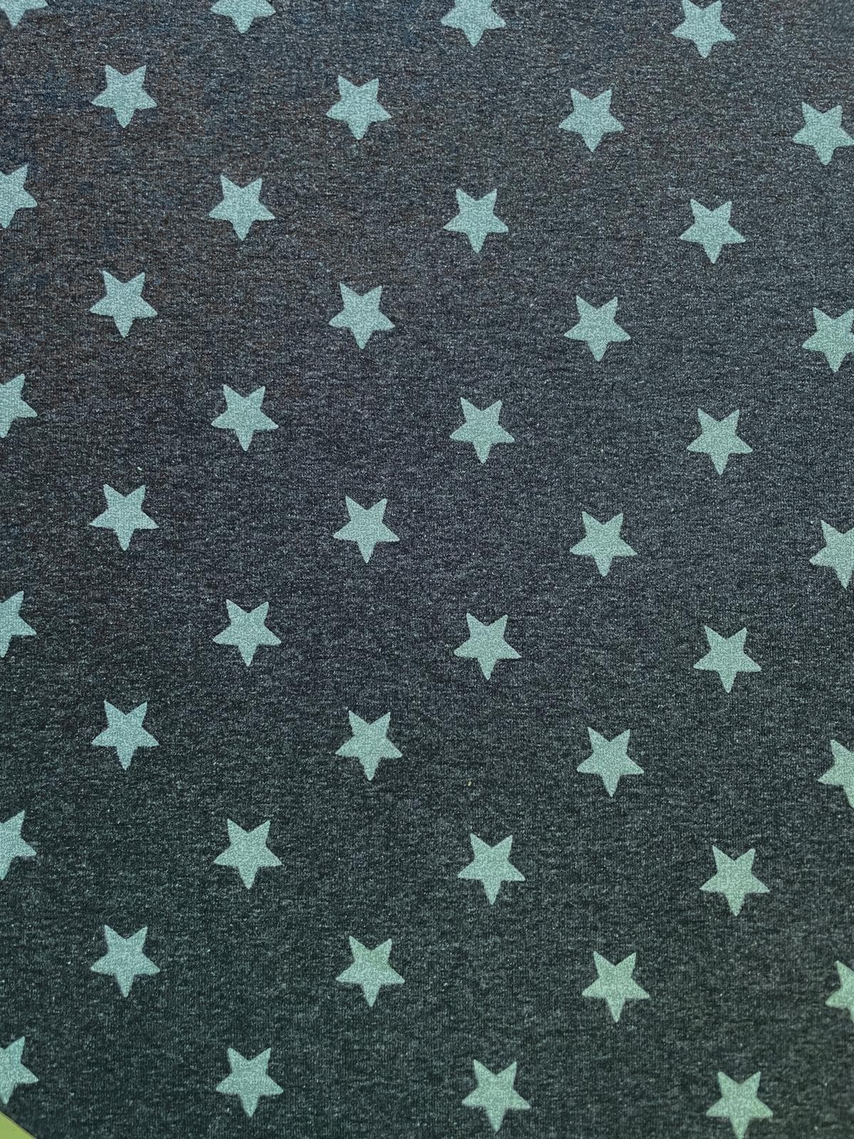 French Terry Stoff – Anthrazit Melange mit Mint-Glitzersternen